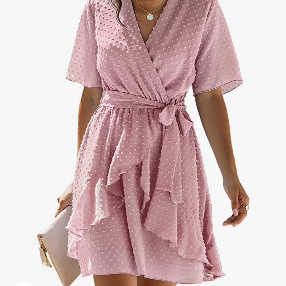 BTFBM Women Fashion Faux Wrap Swiss Dot V-Neck Short Sleeve High Waist Dress